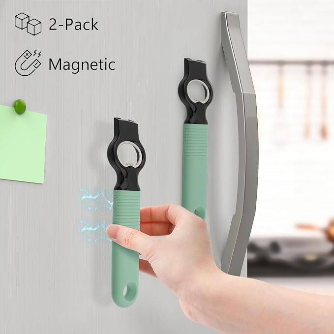 2-Pack Magnetic 2-in-1 Beer Bottle Cap & Soda Can Opener-Green | Soft Silicone Handle with Built-in Magnet Sticks to Fridges / Easy Can Tab Opener for Bartenders, Seniors, and Long nails