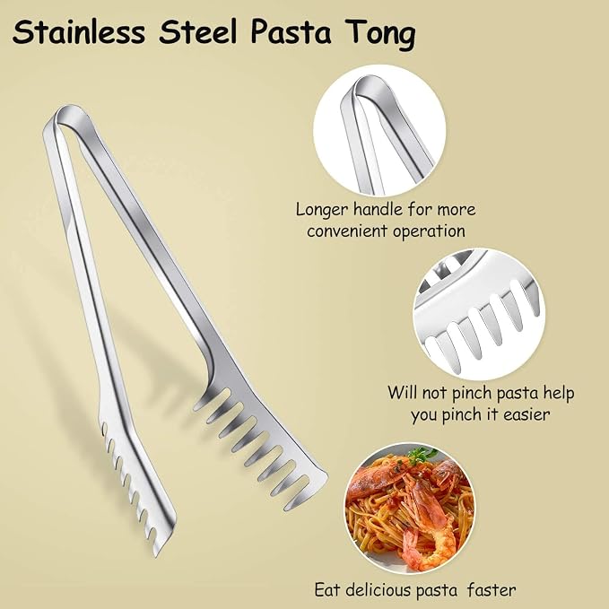 3 Pieces Spaghetti Spoon and Pasta Tong, Stainless Steel Comb Shaped Tongs, Noodles Pasta Clip Kitchen Cooking Tool