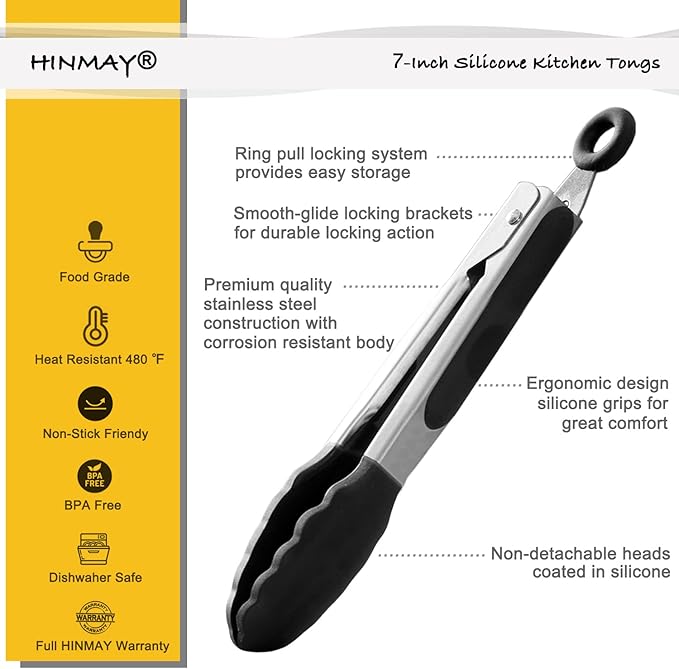 HINMAY Small Silicone Tongs 7-Inch Mini Serving Tongs, Set of 3 (Black Gray White) | Black Gray White