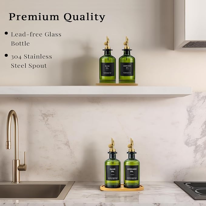 Olive Oil Dispenser Set, 2 x 11.8oz Deep Green Glass Bottles with Auto-Flip Spouts & 2 Capped Spare Spouts, Bamboo Tray, Oil & Vinegar Cruet (Green)