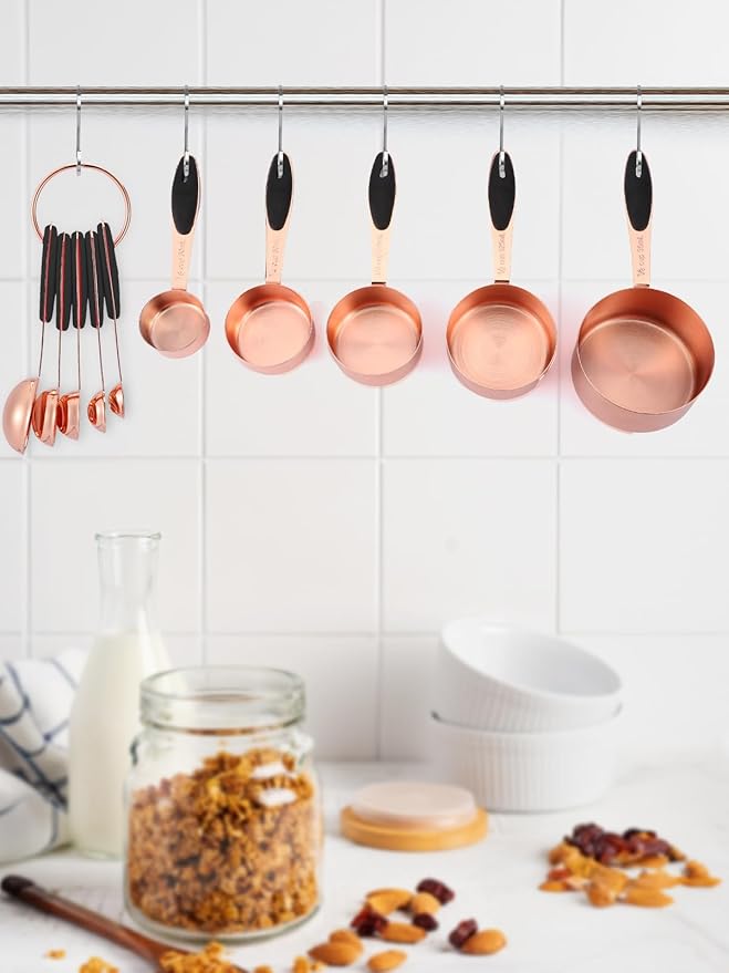 Joyhill Copper Measuring Cups and Spoons Set of 10 Piece, Stainless Steel Nesting Measuring Cup Set with Soft Touch Silicone Handles for Dry and Liquid Ingredients | BPA-Free Silicone Handles, Etched Markings, Nestable Design, Dishwasher Safe for Dry &...