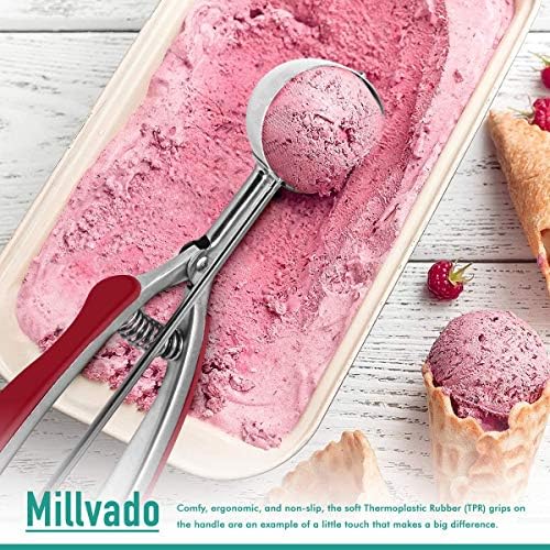 Millvado Stainless Steel Ice Cream and Cookie Millvado 3 Pack Stainless Steel Ice Cream and Cookie Scoops | With Red Rubber Grips – Spring Loaded Lever Design – For Sorbet, Melon, Meatballs, Muffins,