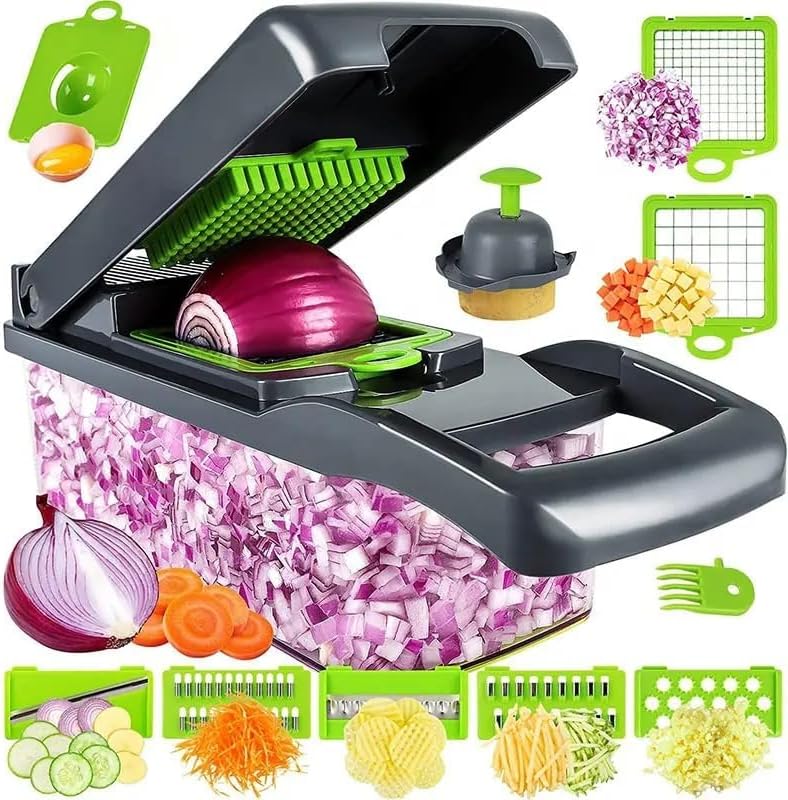 Multi-Function 12-in-1 Vegetable Chopper Cutter - Spiralizer and Slicer with Storage Container, Onion Chopper and Onion Mincer, Cutter, Egg, Veggie Chopper, Cheese Grater, Strawberry Slicer