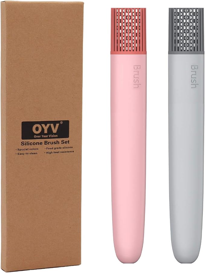 OYV Pastry Brush, Basting Brush BBQ Sauce Marinade Meat Silicone Oil Brush Heat Resistant Food Grade Cooking Brush for Baking, Cooking, Marinade, Sauce, Steaks (Gray+Pink)