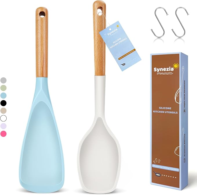 Large Silicone Cooking Spoons Set, 2 Pcs Heat Resistant Serving Spoon, Multifunction Nonstick Spatula Spoon, Kitchen Cucharras de Silicona Cocina for Mixing, Stiring, Basting, Scooping, Scraping