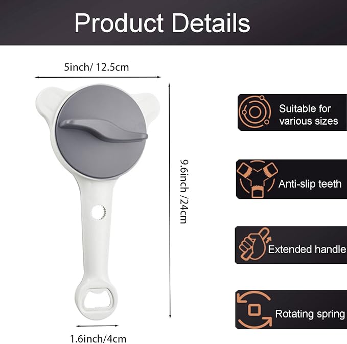 4-in-1 Multi-Functional Retractable Jar & Bottle Opener, Adjustable Stainless Steel Jar Opener for Seniors & Arthritis Sufferers,Suitable for 1''-3.5'' Jars, Bottles, Cans,Beer Caps (Grey)