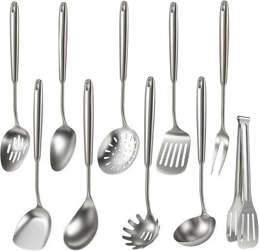 Newness 10 Pcs Cooking Utensils Set,18/8 304 Stainless Steel Kitchen Utensils Set, Metal Kitchen Accessories, Include Soup Ladle, Slotted Skimmer Spoon, Spaghetti Spoon, Spatula, Tongs,Dishwasher Safe