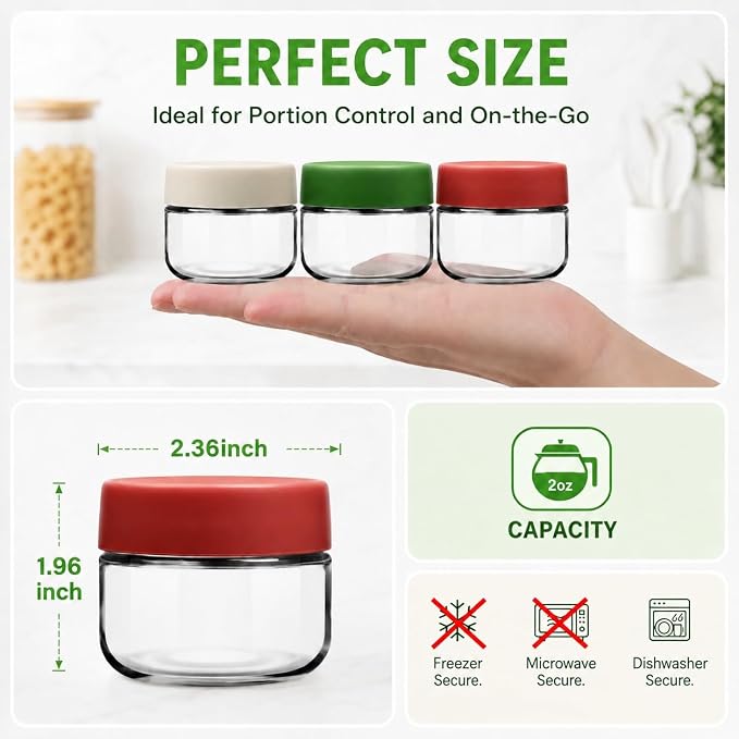 2oz Glass Dressing Containers With Lids, Sauce Jars for Lunch, 12pk | Airtight ,BPA Free,Perfect for to go lunch box Accessories , Dishwansher safe