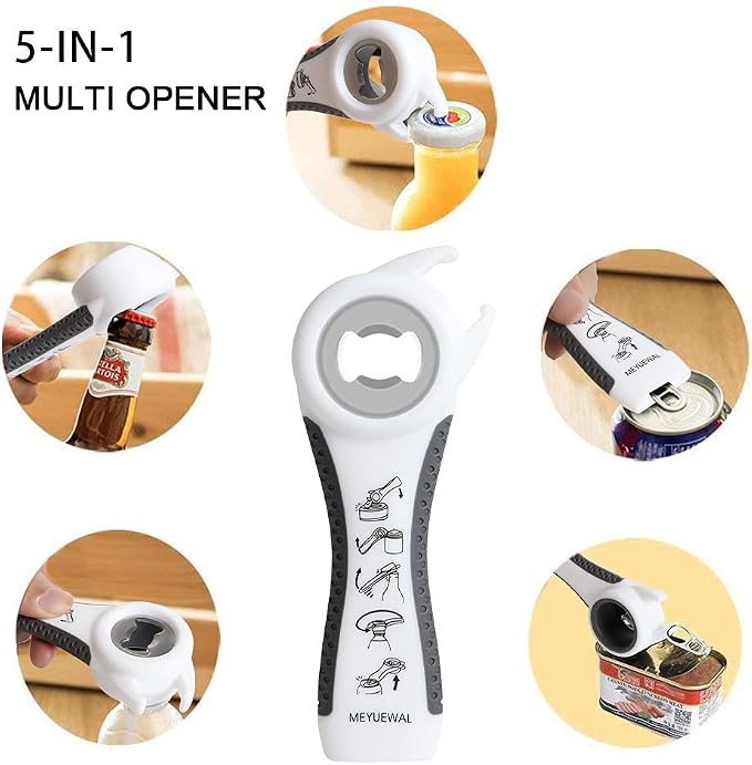 Jar Opener Bottle Opener for Weak Hands, 5 in 1 Multi-Function Can Opener Bottle Opener Kit with Silicone Handle Easy to Use for Children, Elderly and Arthritis Sufferers (White)