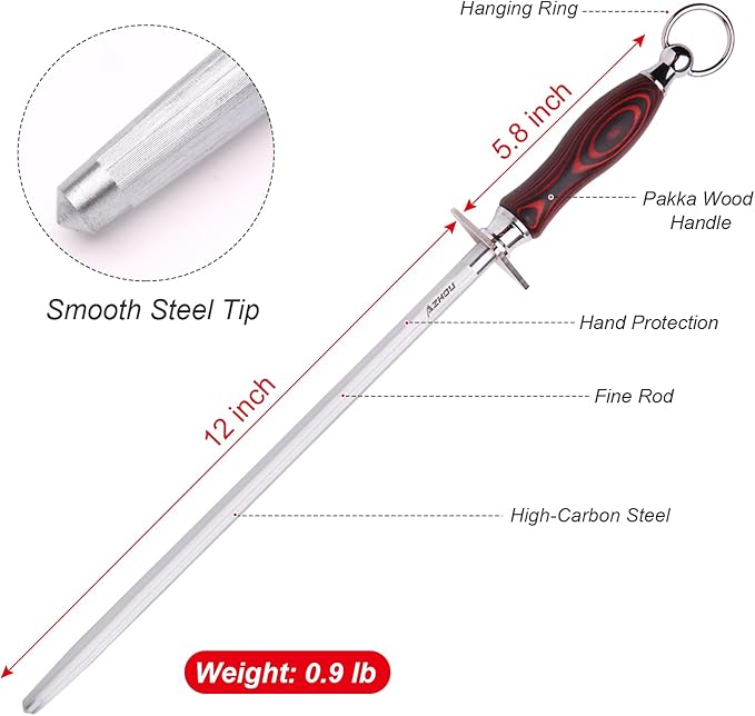 Azhou 12" Professional Knife Sharpener Steel Rod - High Carbon Steel (HRC 63), Fine 200 Grit for Kitchen & Chef Knives, Easy to Use with Non-Slip Wooden Handle & Gift Box