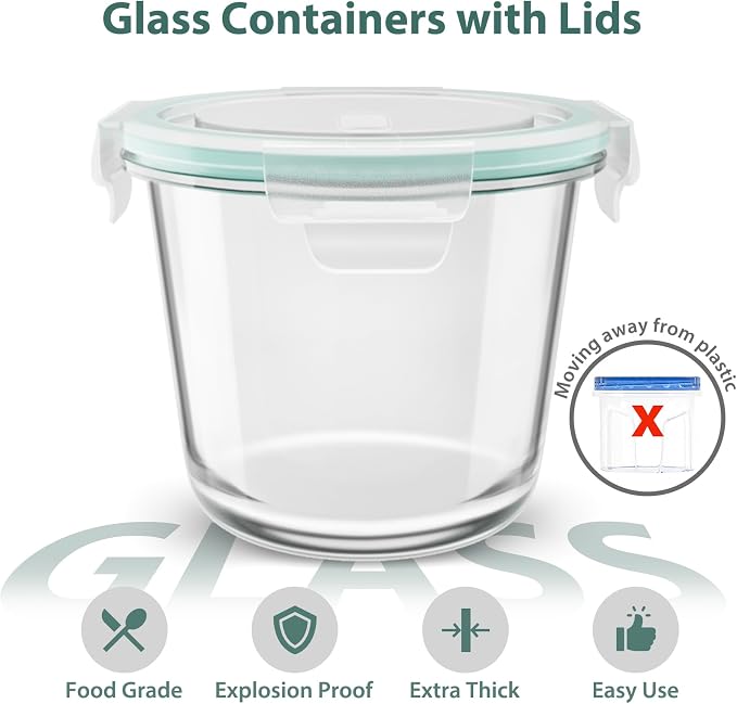 3 Cup/23oz Meal Prep Containers With Lids, Sourdough Starter Jar, 4 Pack | Borosilicate Glass, Food Storage, Airtight, Heat-Resistant, BPA-Free, Microwave Oven Dishwasher Freezer Safe