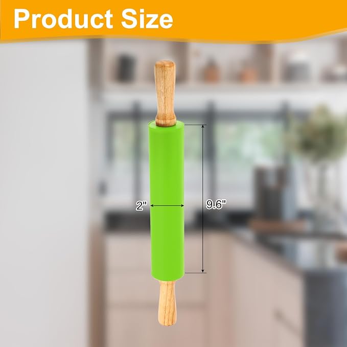 uxcell 9.6 Inch Silicone Rolling Pin, Small Dough Roller with Wood Handle for Pizza Pastry Fondant Kitchen, Green