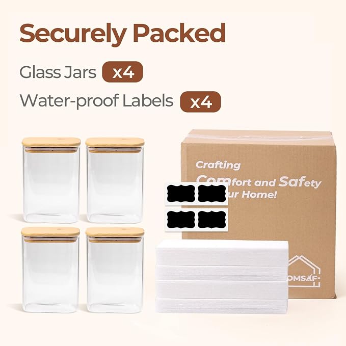 ComSaf Glass Storage Containers With Lids 1.8 Qt, 3 Pack Pantry Organizers | Glass Jars With Bamboo Lids, Rectangle Pantry Jar, Kitchen Canisters, Dry Food Storage Cereal, Flour, Sugar, 54oz, BPA Free