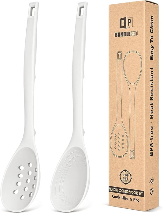 Pack of 2 Silicone Cooking Spoons, Non Stick Solid Kitchen Spoon with Measuring Marks & Back Hooks, Heat Resistant Silicone Slotted Spoon for Cooking, Mixing, Stirring,Serving (WHITE)
