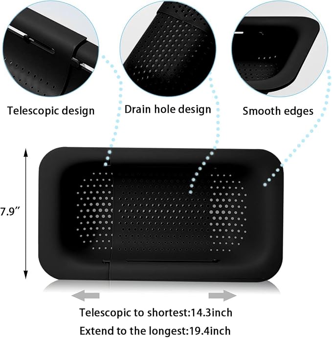 Collapsible Sink Colanders and Strainers Basket Extendable Plastic Fruit Vegetable Strainer Drainer Basket for Kitchen (Length 13.6 inch-18.7 inch) (Black) 6 * 10