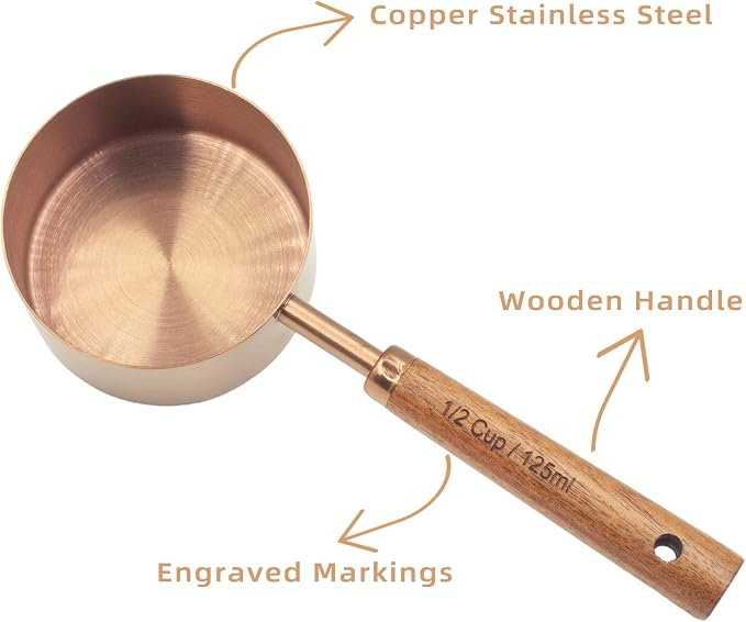 Measuring Cups and Spoons Set of 8, Stainless Steel Measuring Cup with Wooden Handle, Kitchen/Food/Liquid/Baking (Copper)
