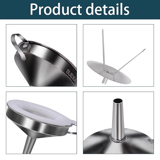 5 in 1 Funnels for Filling Bottles Stainless Steel Small Kitchen Funnel Set for Transferring Essential Oils Liquid Fluid Spice Dry Ingredients Powder, Durable and Dishwash Safe