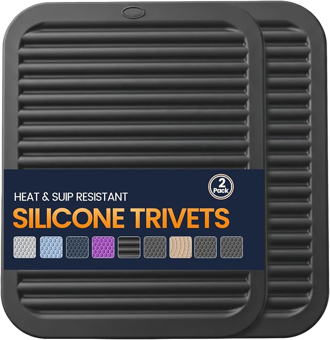 Silicone Trivet Mats 2 Heat Resistant Pot Holders Multipurpose Non-Slip Hot Pads for Kitchen Potholders, Drying mat, Jar Opener, Spoon Holder, Coaster.(Jet Black)