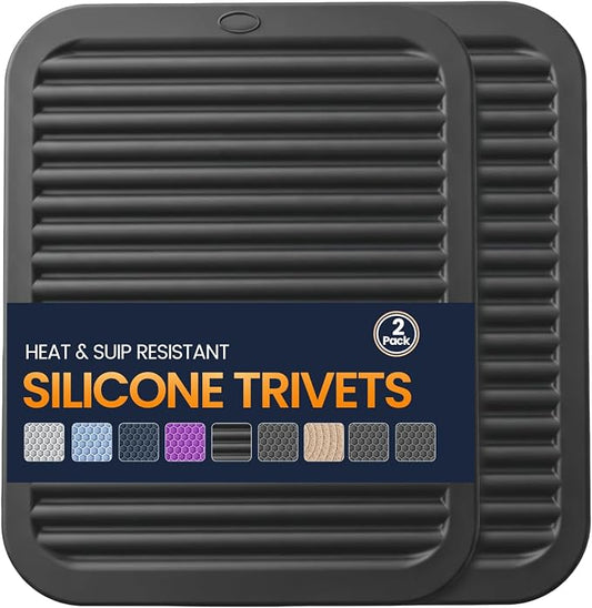 Silicone Trivet Mats 2 Heat Resistant Pot Holders Multipurpose Non-Slip Hot Pads for Kitchen Potholders, Drying mat, Jar Opener, Spoon Holder, Coaster.(Jet Black)