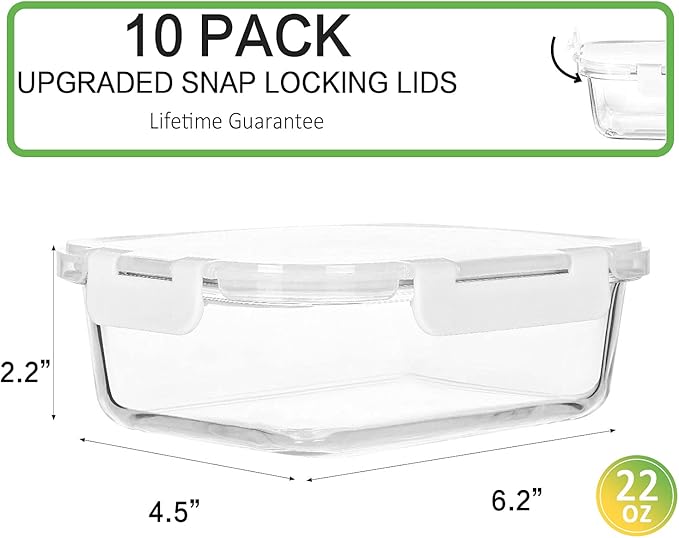 M MCIRCO 10 Pack,22 oz Glass Food Storage Containers with lids, White | Glass Meal Prep Containers,Airtight Lunch Containers with Lids, Microwave, Oven, Freezer and Dishwasher Friendly, BPA Free