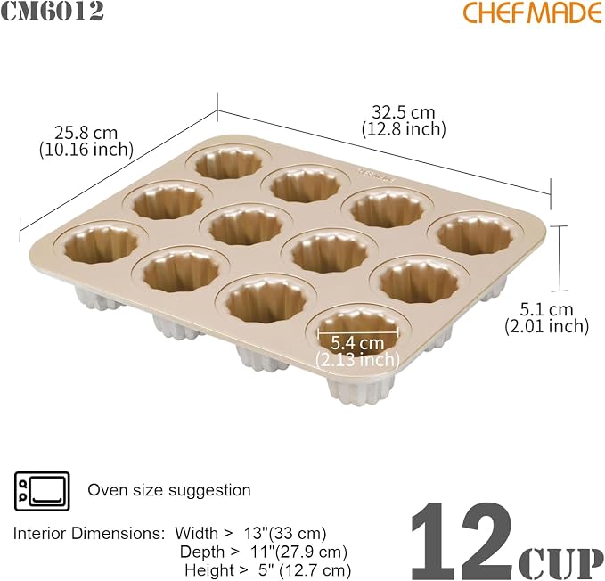 CHEFMADE Canele Mold Cake Pan, 12-Cavity Non-Stick Canele Muffin Bakeware Cupcake Pan for Oven Baking (Champagne Gold)