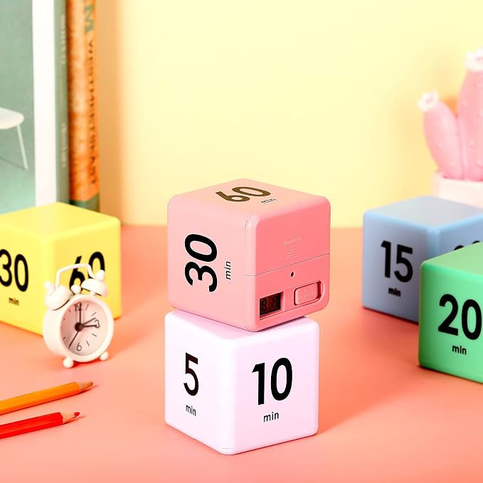 Weewooday 2 Pieces Cube Productivity Timer Flip Gravity Sensor Flip Countdown Countup Workout Timer Management 1 3 5 10 Minutes and 15 20 30 60 Minutes for Back to School Work Kitchen(White, Pink)