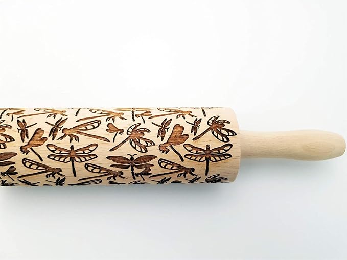 DRAGONFLY EMBOSSING ROLLING PIN WOODEN EMBOSSING ROLLING PIN with DRAGONFLY for EMBOSSED COOKIES GIFT for MOTHER FRIEND