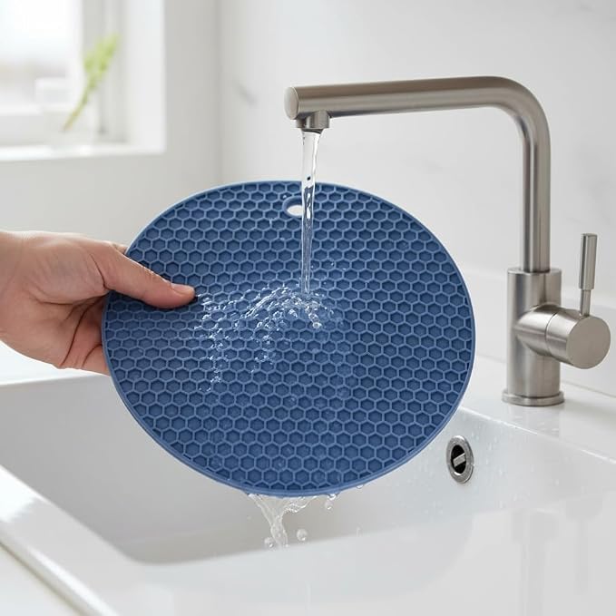 6-Pack Silicone Trivet Mats, Heat Resistant Hot Pads, Dishwasher Safe Kitchen Mats, BPA-Free Pot Holders for Table, Countertop, Stove, Honeycomb Design (Blue, 7” Square/Round)