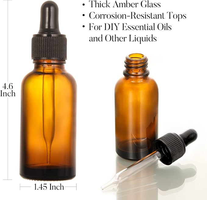 4 Pack, 2 oz Bottles with Dropper & 1 Funnel & 4 Labels - Essential Oils Bottles for Health, Personal Care & Beauty - 60ml Thick Dark Amber Glass Tincture Bottles, Refillable Cosmetic Containers