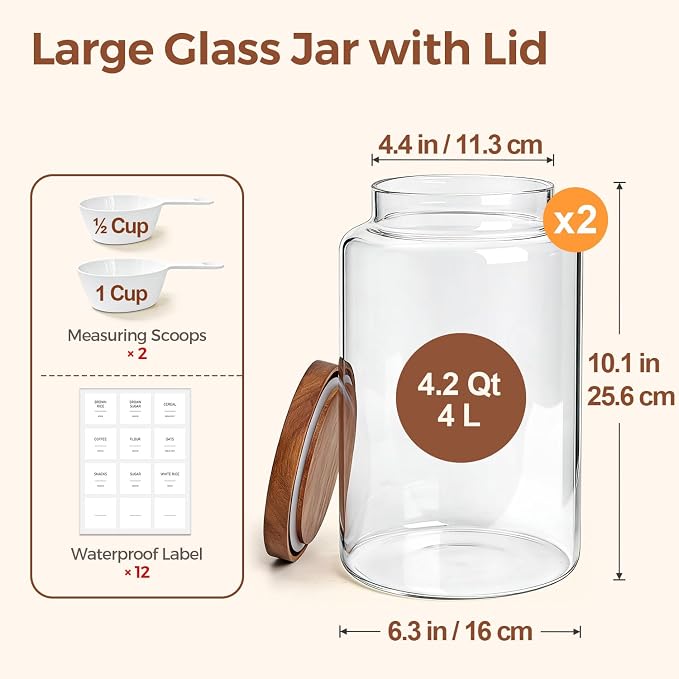 ComSaf Flour Storage Containers with Acacia Wood Lids 1Gallon 2Pack | 4.2Qt Large Glass Jar, for Cooks, Flour Cereal Rice Oats, Kitchen Pantry, 4.4in Wide Mouth, Canister with Scoops & Labels