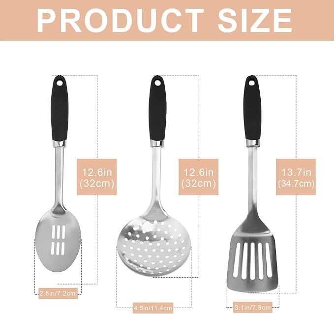 3 Piece Stainless Steel Cooking Utensils Set, Metal Slotted Spoon, Slotted Turner Spatula and Skimmer Set for Cooking, Frying, Serving, Dishwasher Safe