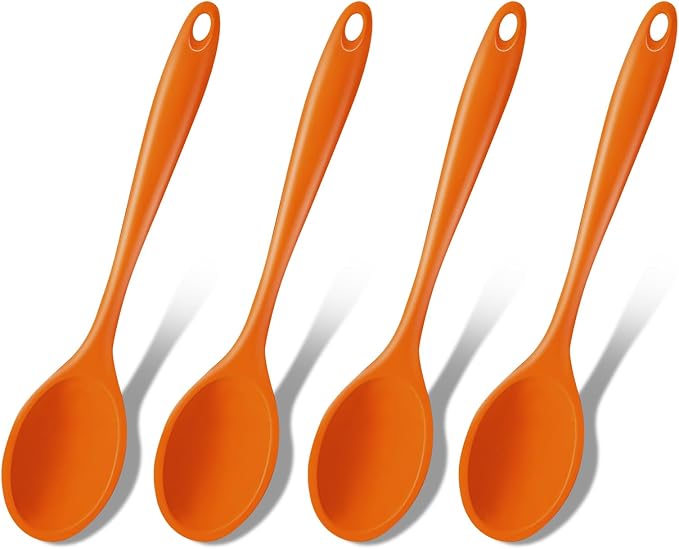 GEEKHOM Silicone Cooking Spoons, 4 Pieces 8" Heat Resistant Silicone Kitchen Utensils Set Serving Stirring Spoons for Non Stick Cooking, Mixing, Basting, Baking, Orange
