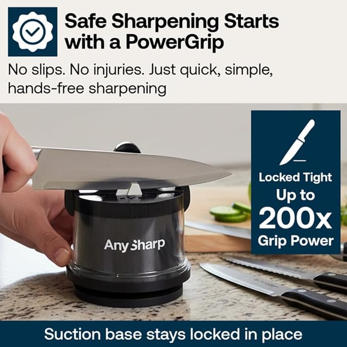 AnySharp – CHEF – Hands Free Knife Sharpener - Easy to Use Sharpening Tool with PowerGrip Suction Base and 20-Degree Pre-set Angle - For All Knives: Chef’s, Serrated, and Hardened Steel - Wolf