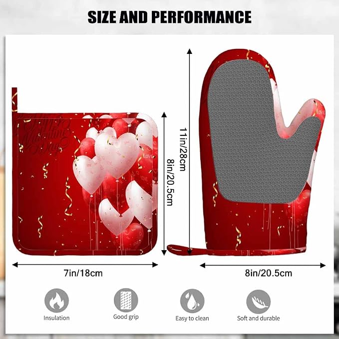 Mxocom Red Hearts Balloons Oven Mitts and Pot Holders Sets Valentine's Day Love Backdrop Silicone Heat Resistant Kitchen Oven Gloves Pot Holder for Cooking