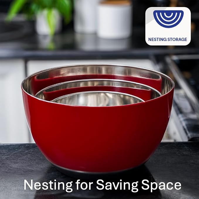 Stainless Steel Mixing Bowls Set, 3-Piece with Silicone Base | 1.5, 3 & 5 Qt Metal Bowls for Meal Prep, Baking, Cooking, Serving & Food Storage, Non-Slip Base, Dishwasher Safe, Red