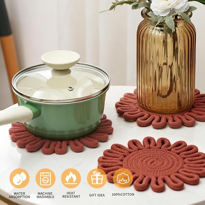 Kitchen Trivets for Hot Dishes Potholders for Countertop Hot Pads Hot Mats or Trivets for Hot Pots and Pans Home Essentials Boho Farmhouse Kitchen Decor Set of 3, 100% Cotton,7.5" (Brick-Red)