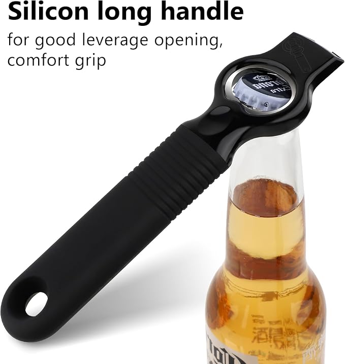 2-Pack Magnetic 2-in-1 Beer Bottle Cap & Soda Can Opener-Black | Soft Silicone Handle with Built-in Magnet Sticks to Fridges / Easy Can Tab Opener for Bartenders, Seniors, and Long nails