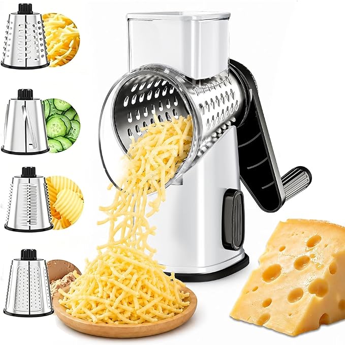 VEKAYA Rotary Cheese Grater Hand Crank, White | 4 Interchangeable Stainless Steel Blades, Large Manual Handle Shredder, Waffle Slicer for Vegetables, Cheese and Nuts