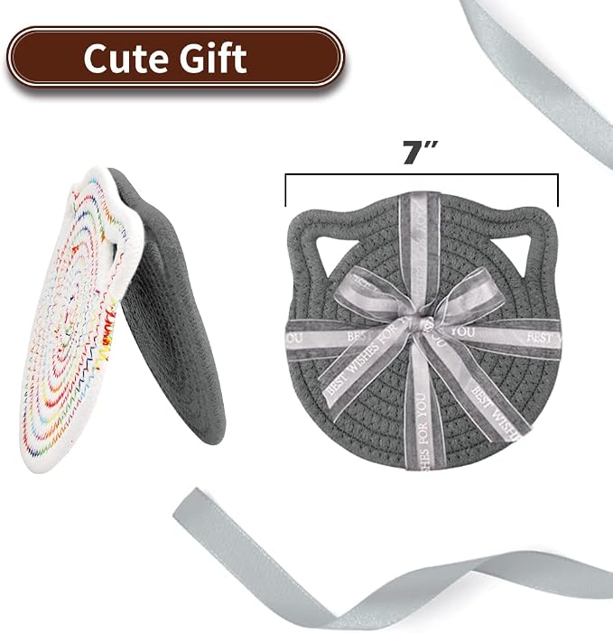 7" Pure Cotton Trivets Set with 0.35" Thick (3 Pcs, Grey) | Tightly Woven, Machine Washable, Heat Resistant, Cute Cat Kitchen Accessories for Hot Dishes Pots Pans, Decor, Gift