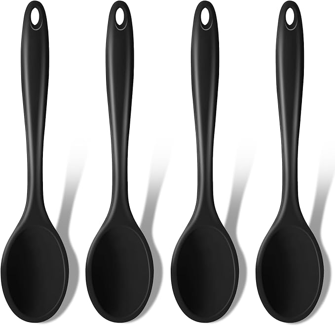 GEEKHOM Silicone Cooking Spoons, 4 Pieces 11" Heat Resistant Silicone Kitchen Utensils Set Large Serving Stirring Spoons for Non Stick Cooking, Mixing, Basting, Baking, Black