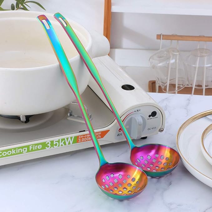 Buyer Star 2 Pcs Soup Ladle Colander, Rainbow Cookware Serving Long Handle Steel Slotted Spoon Cooking Utensil Set for Hotpot