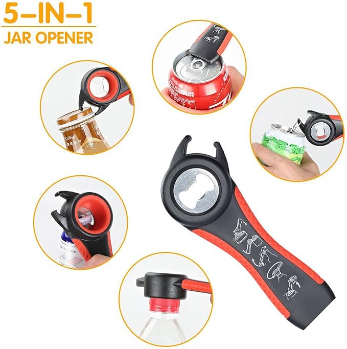Jar Opener for Weak Hands, 5 in 1 Bottle Opener for Seniors with arthritis | Multifunctional Adjustable Lid Opener with Non-Slip Rubber Gripper Pad – Effortlessly Opens Jars, Bottles & Pop-Top Cans