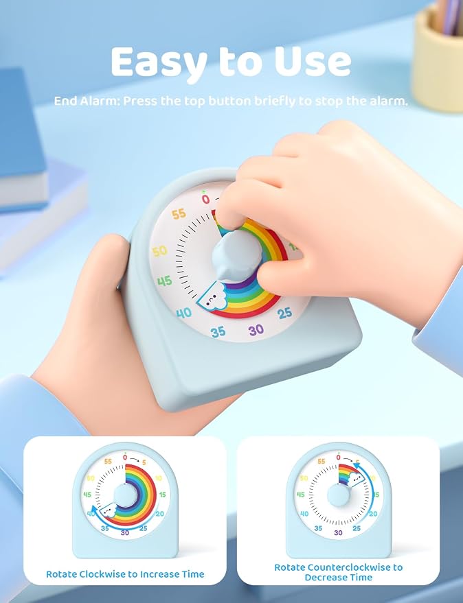 LIORQUE Visual Timer for Kids with Pause Function,Timer for Kids and Adults, Protective Case, Silent Time Management Tool, 60-Minute Countdown for Classroom, Meetings, Study, Kitchen (Rainbow Blue)