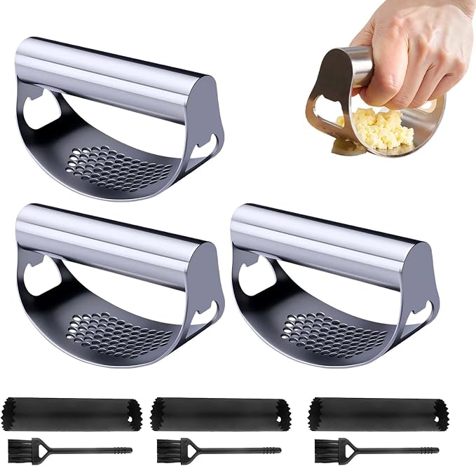 Stainless Steel Garlic Press Rocker, 2026 New Heavy Duty Ergonomic Garlic Crusher Tool with Peeler and Brush for Smash Garlic Built-in Bottle Opener - Easy Kitchen Gadget for Home Cooks (3PCS)