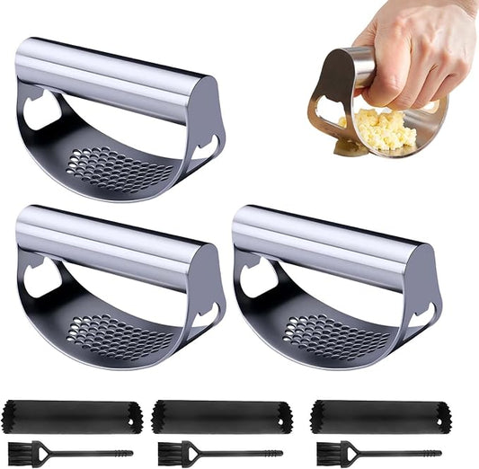 Stainless Steel Garlic Press Rocker, 2026 New Heavy Duty Ergonomic Garlic Crusher Tool with Peeler and Brush for Smash Garlic Built-in Bottle Opener - Easy Kitchen Gadget for Home Cooks (3PCS)