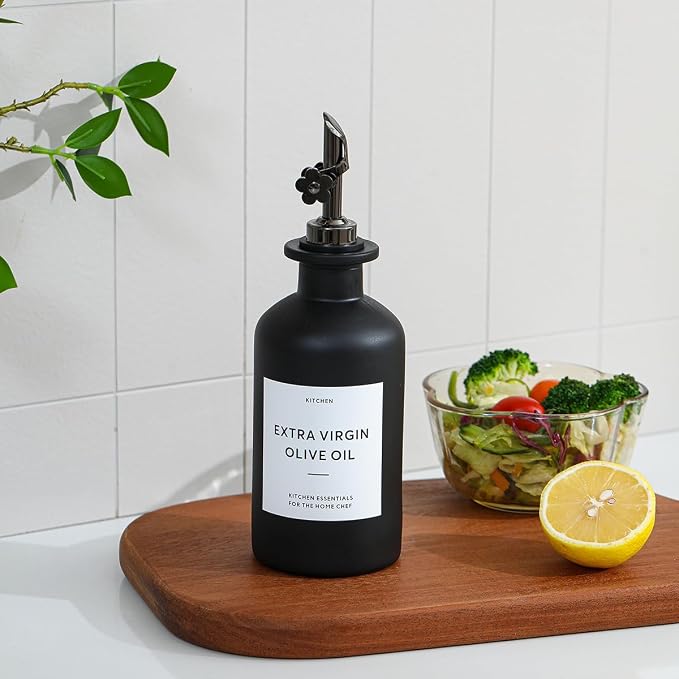 HOMCDALY Olive Oil Dispenser for Kitchen, 12oz Glass Kitchen Dispenser Bottle, Black Oil&Vinegar Cruet Set, Leakproof Olive Oil Bottles | Set of 2 (12oz – Black)