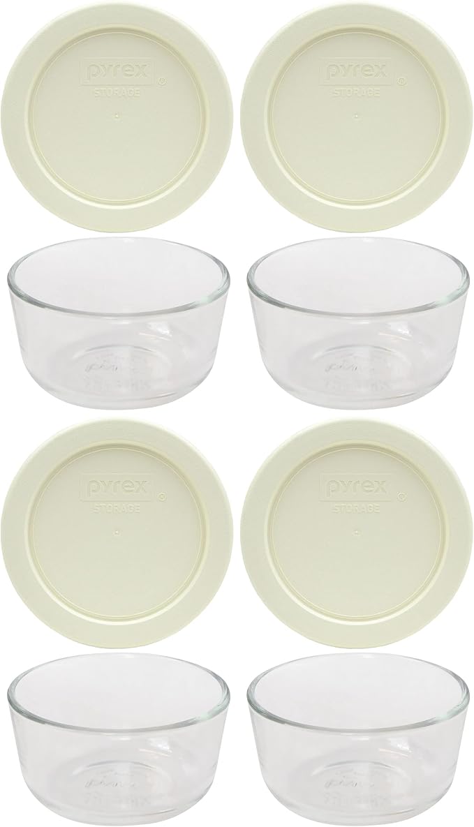Pyrex 7202 1-Cup Bowls & 7202-PC Sour Cream Lids (4-Pack) - Made in USA | 7202-PC | Nonporous Surface | BPA-Free Covers | Stain-Resistant | Nestable Profile | Top-Rack Dishwasher-Safe