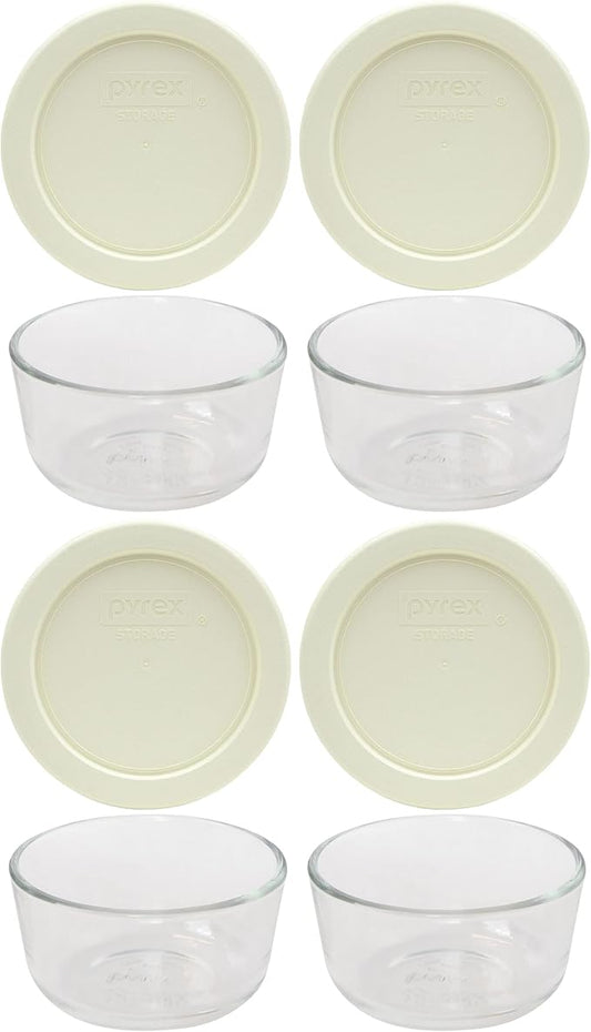 Pyrex 7202 1-Cup Bowls & 7202-PC Sour Cream Lids (4-Pack) - Made in USA | 7202-PC | Nonporous Surface | BPA-Free Covers | Stain-Resistant | Nestable Profile | Top-Rack Dishwasher-Safe