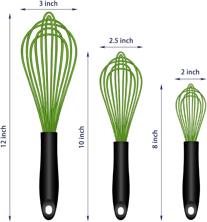 OYV Dishwasher Safe Green Silicone Whisk, Sealed Waterproof Design Set of 3, Professional Kitchen Whisks for Cooking Non-Scratch, Silicone & Stainless Steel Whisk, Heat Resistant Balloon Egg Beater