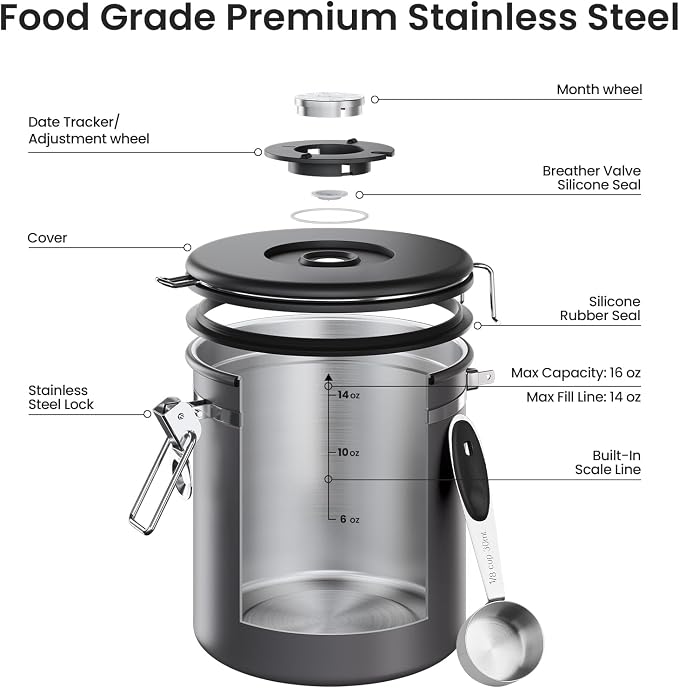 Veken Coffee Canister, Airtight Stainless Steel Food Storage Container,16OZ | Date Tracker, Kitchen Jars for Beans,Ground, Espresso, Rice,Tea, Sugar,Cereal,Cookie, Bar Accessories,Gifts, Lids, Scoop,Gray